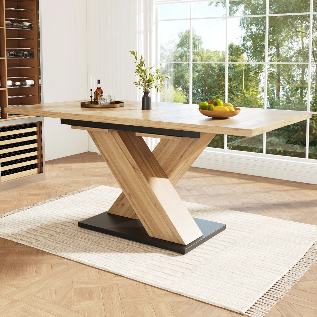 Tavolo allungabile in MDF con piano estensibile e gambe incrociate per cucina e soggiorno, colore legno naturale