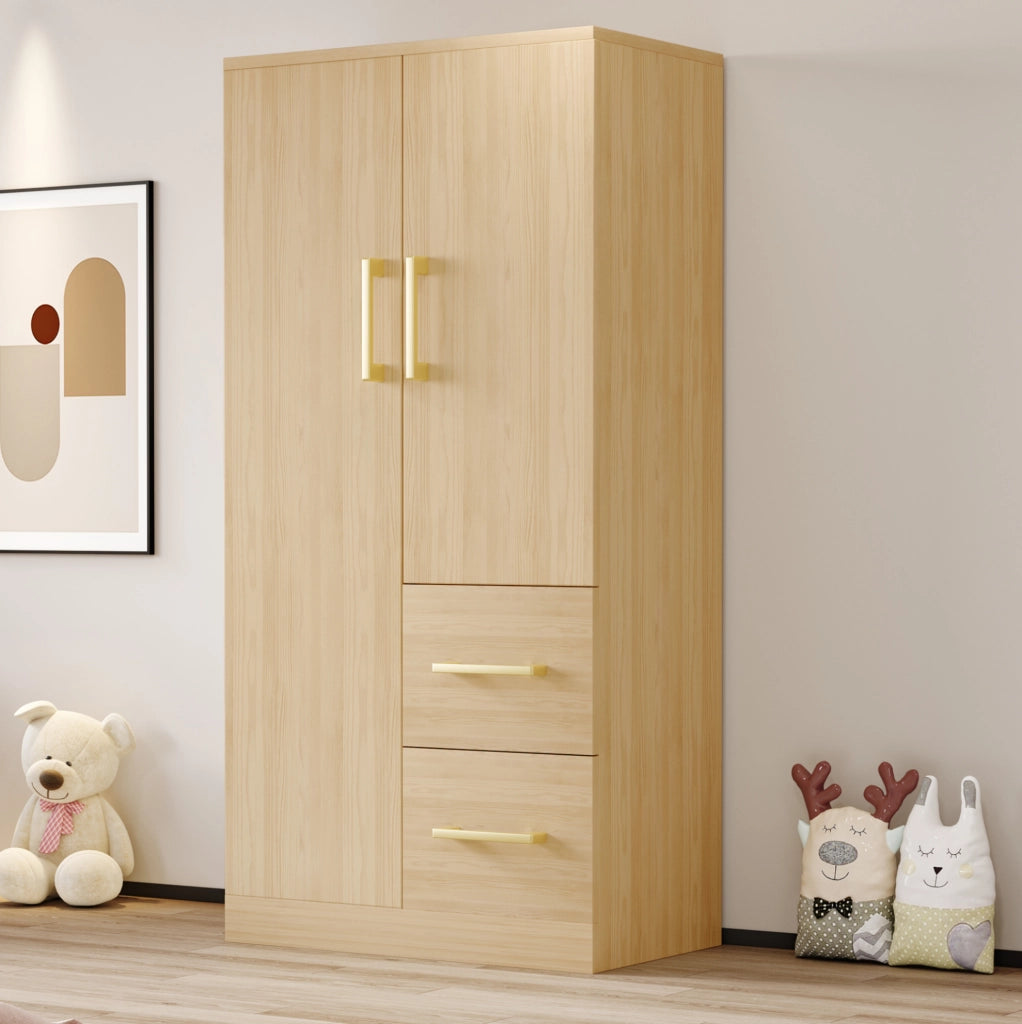 Armadio 70x40x135 cm con doppie ante; due cassetti e ampio spazio; legno naturale