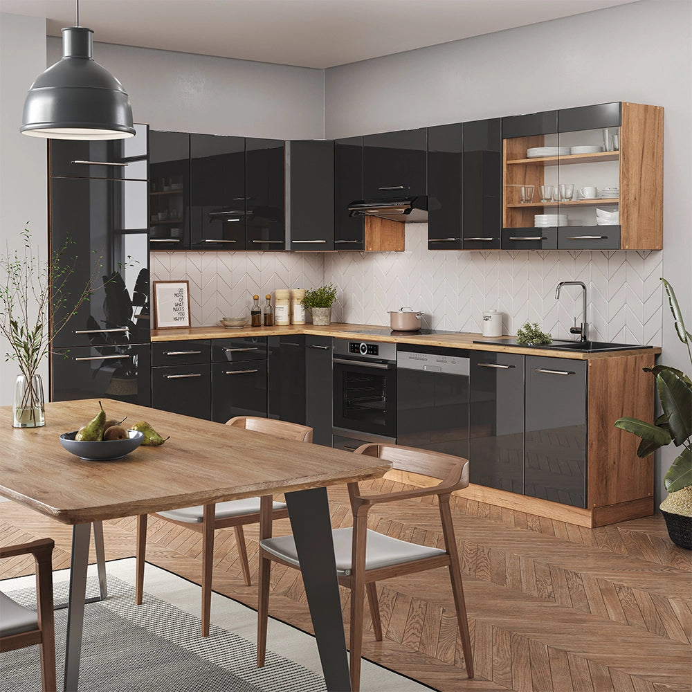 Cucina angolare completa Fame-Line Antracite lucido/Rovere dorato 227 x 60 cm, PL Marmo Vicco