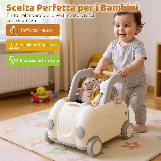 Girello Primi Passi per Bambini, Carrello a Spinta con Contenitore, Sedile Ribaltabile e Ruote, Organizzatore per Giocattolo, per Cavalcare, Camminare e Trainare, per Bambini 18-36 Mesi