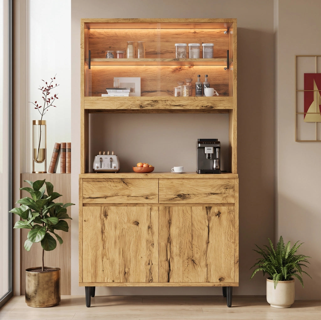 Credenza alta 100x40x185 cm rovere con LED, prese e ante in vetro