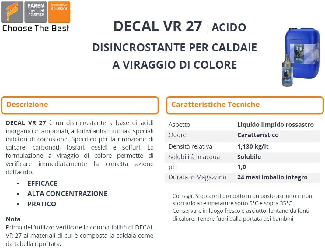 Disincrostante anticalcare caldaie Faren Decal VR27 serpentine calcare ossidi