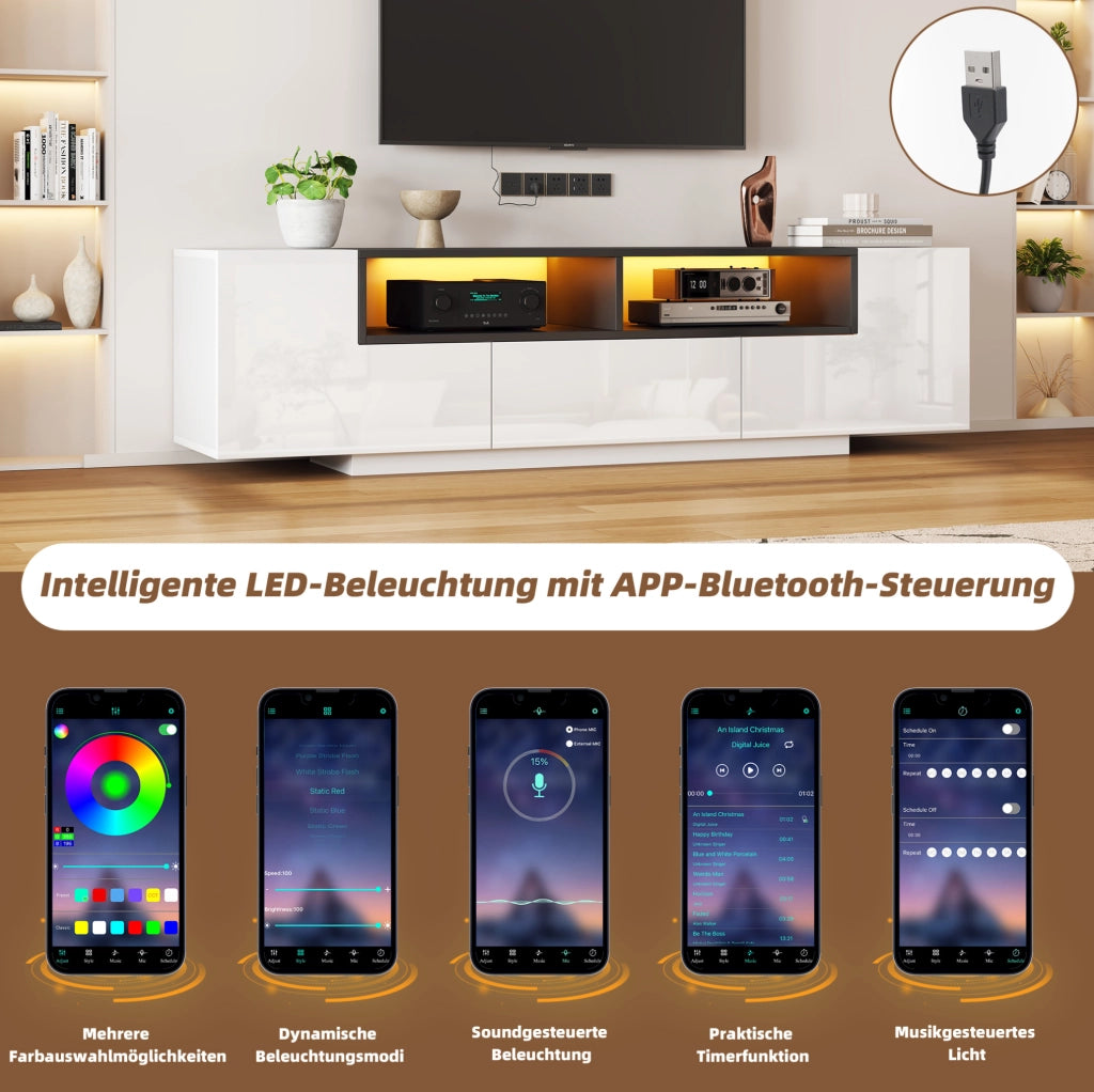 Mobile TV bianco lucido con LED, 180 x 40 x 48 cm