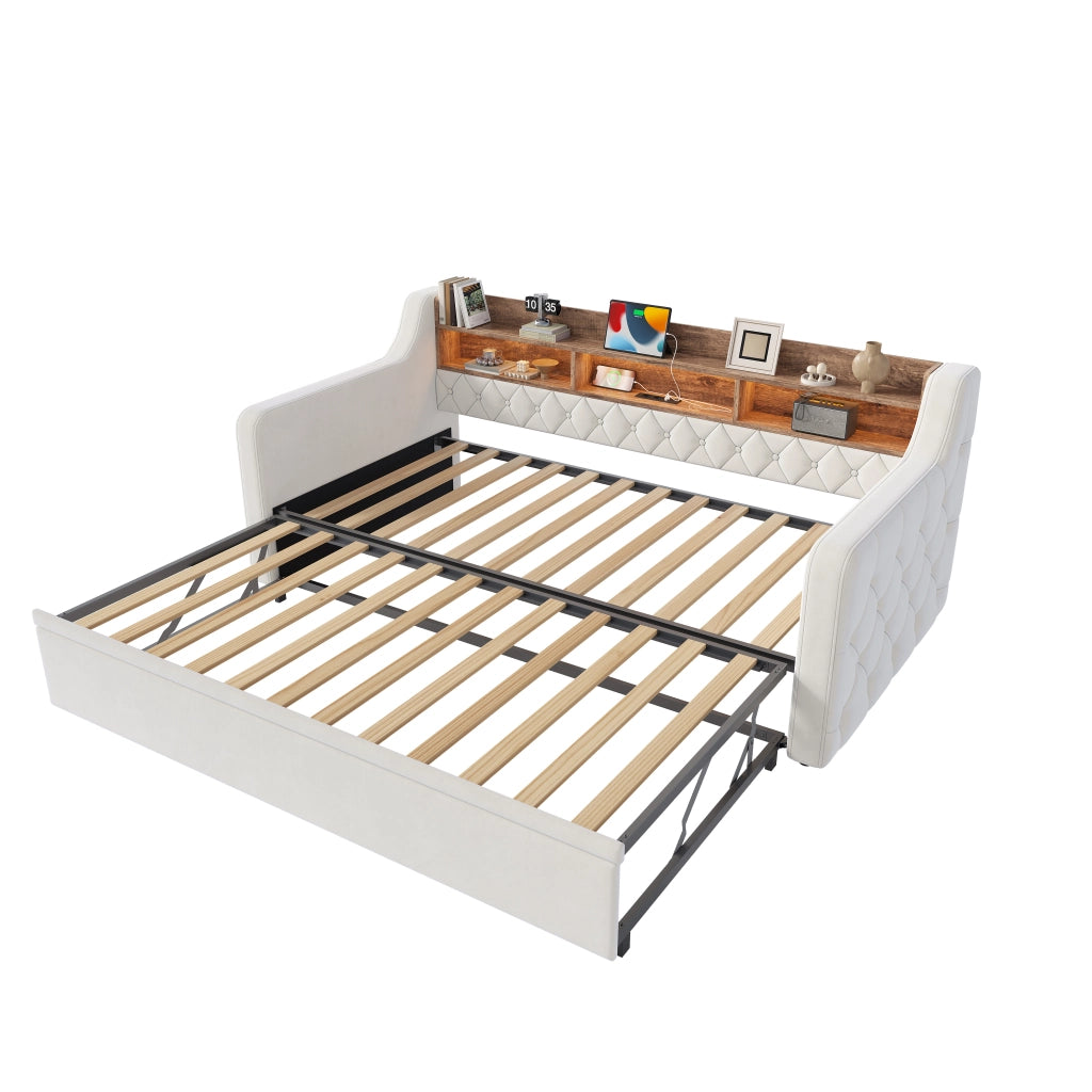 Letto a Divanetto 90x190 cm; con testiera portaoggetti; LED; USB e Type-C in Velluto Beige