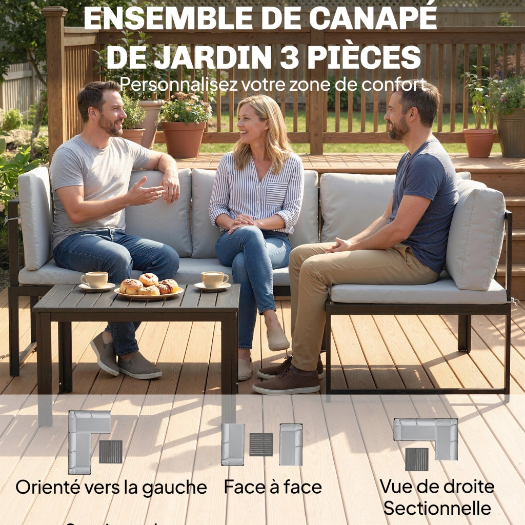 Divano da Giardino 3 Pezzi 4 Posti Modulabile con Braccioli Regolabili e Cuscini Spessi 16cm ¨C Minimal ¨C Grigio