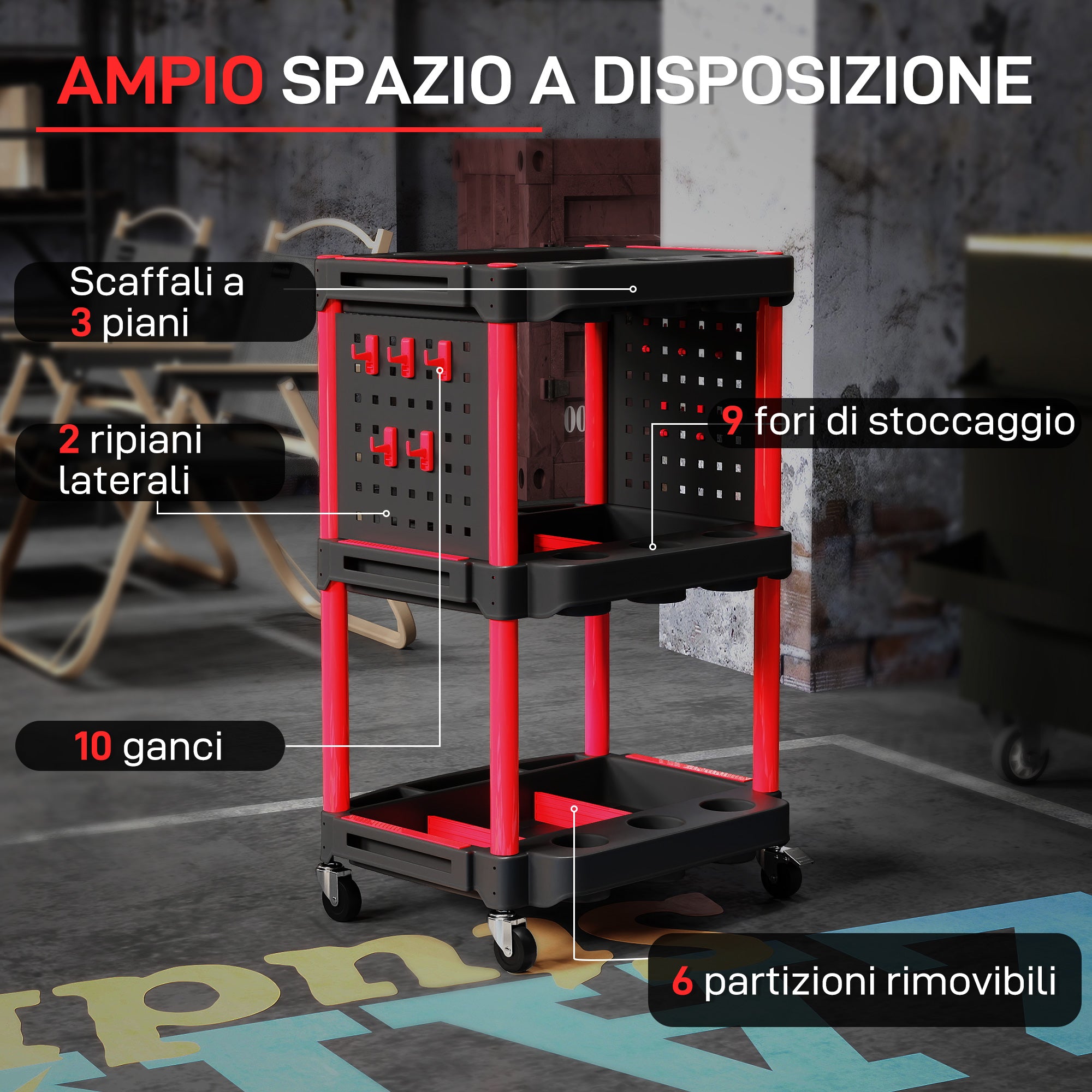 Carrello Porta Attrezzi a 3 Livelli 56,5x47,5x89 cm con Pannello Forato Laterale in Plastica Nero e Rosso
