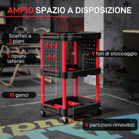 Carrello Porta Attrezzi a 3 Livelli 56,5x47,5x89 cm con Pannello Forato Laterale in Plastica Nero e Rosso