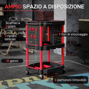Carrello Porta Attrezzi a 3 Livelli 56,5x47,5x89 cm con Pannello Forato Laterale in Plastica Nero e Rosso