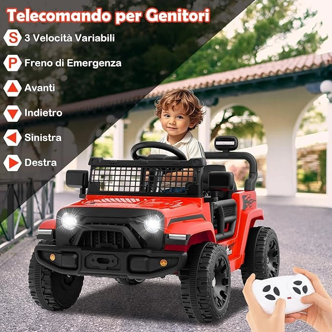 12V Macchina elettrcia per Bambini, Auto con Telecomando 3 Velocità Luci LED Musica, Doppi Motori, Veicolo Elettrico per Bambini 3+ Anni, Carico 30 kg (Rosso)