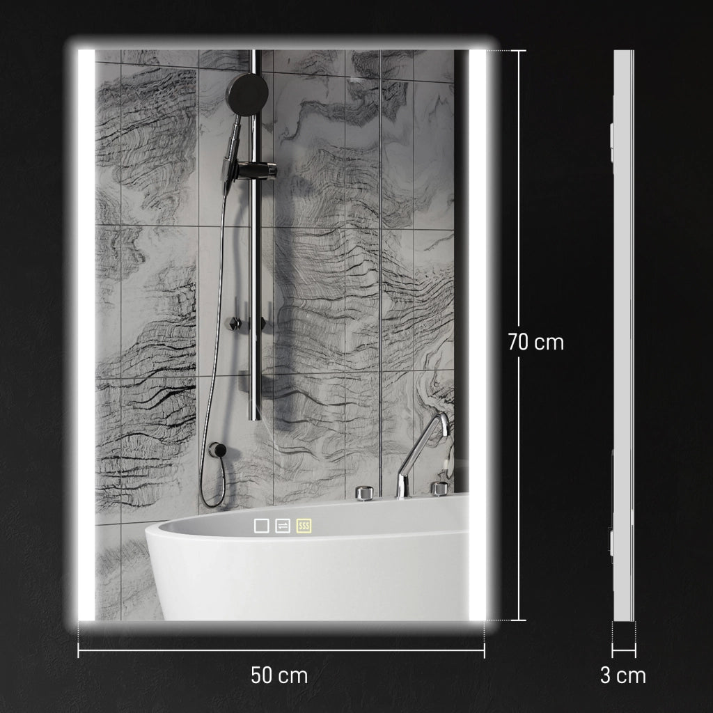 Specchio da Bagno con Luce LED a 3 Colori e Funzione Memory, in Vetro Temperato, 70x50x3 cm, Argento