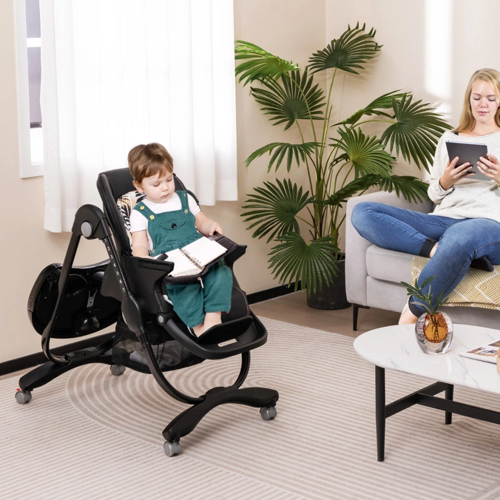 Seggiolone per bambini e neonati con rotelle altezza regolabile poggiapiedi e schienale, Seggiolone pieghevole Nero-Seggioloni