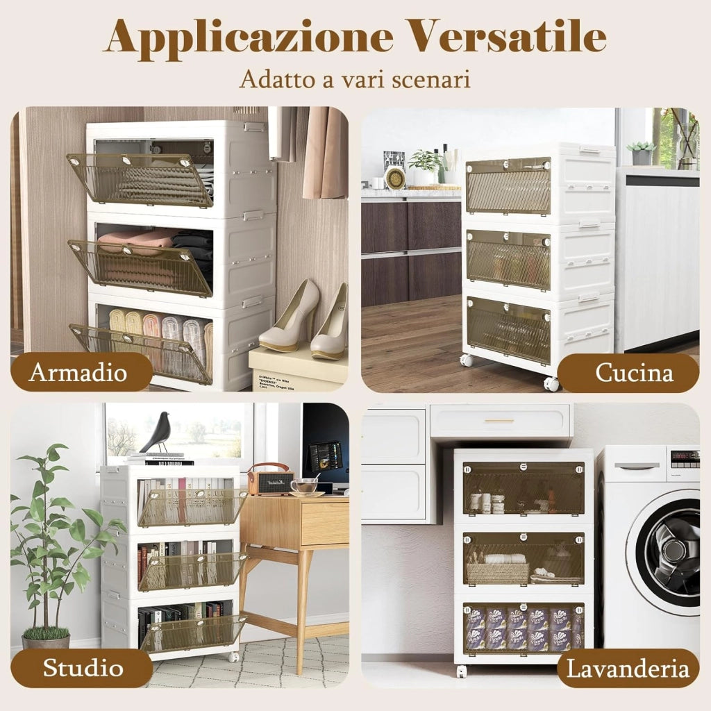Comodino in Plastica Multipiano con Coperchio 126 L, Scatole Impilabili con 4 Ruote e Freni, Contenitori di Stoccaggio Pieghevole, per Soggiorno, Camera da Letto e Bagno, Bianco (3 Ripiani)