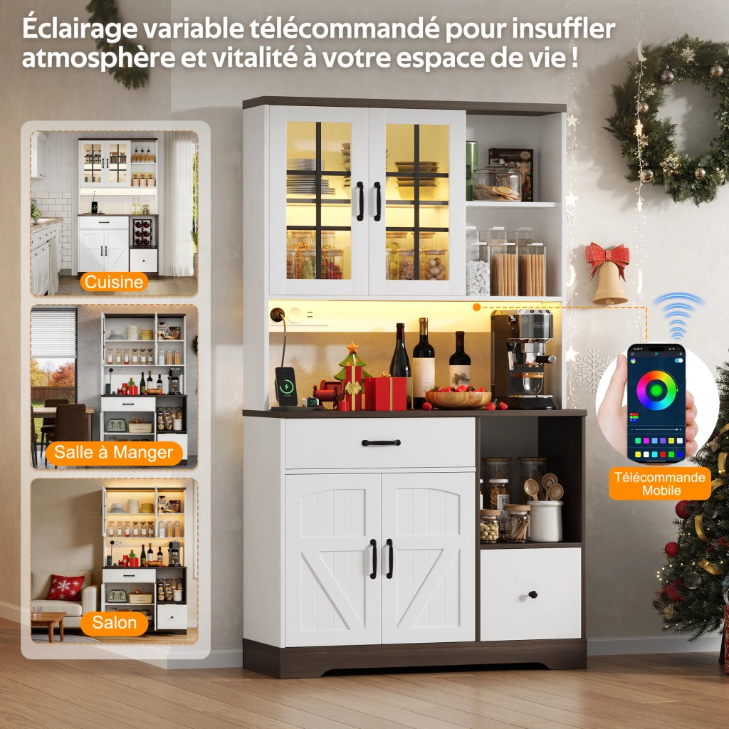 Credenza alta da cucina con LED, prese e ripiani regolabili, ante in vetro per cucina e soggiorno 105 × 40 × 185 cm