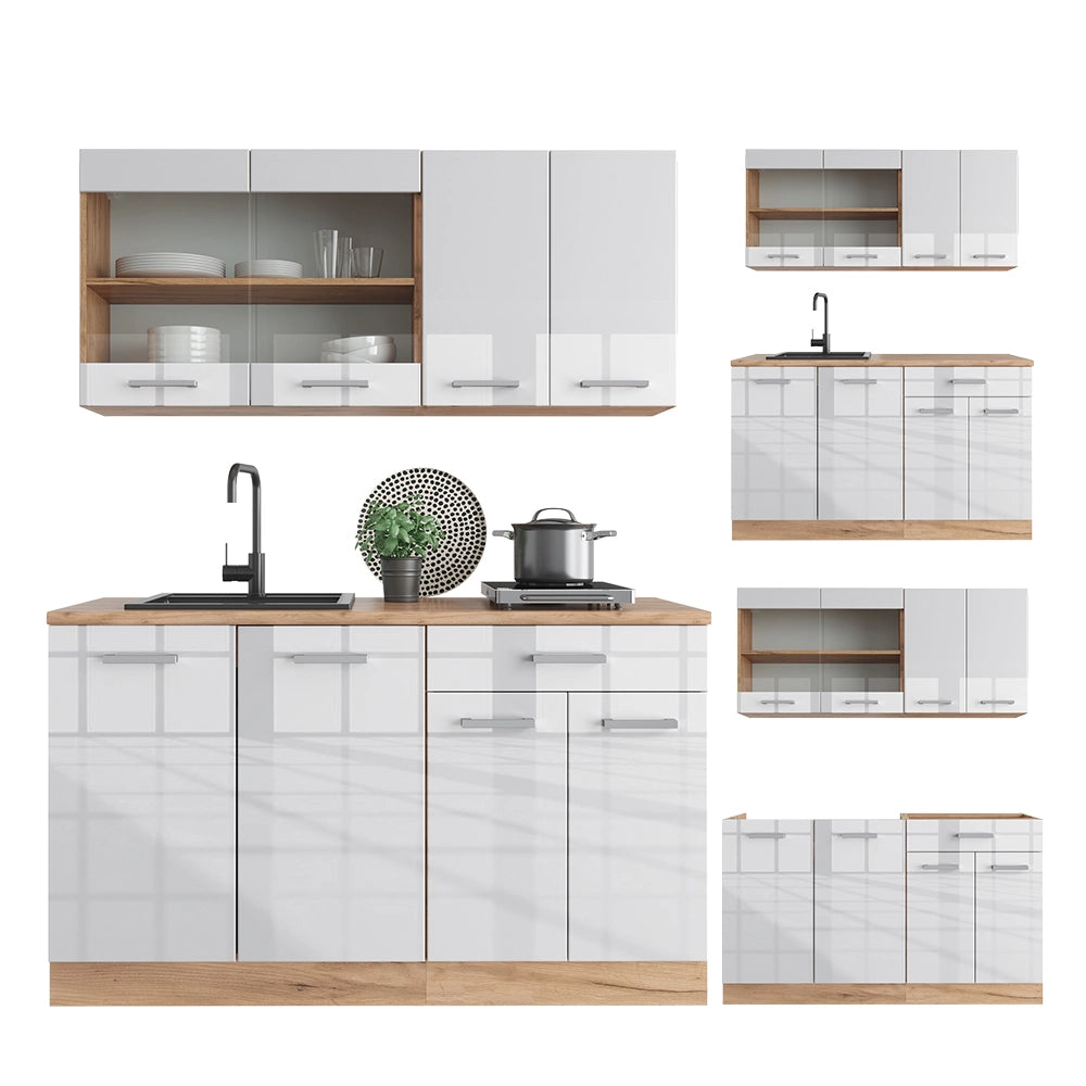 Vicco Cucina completa Bianco lucido/oro power oak 140 cm senza piano di lavoro