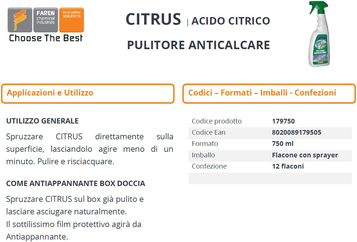 CITRUS acido citrico pulitore anticalcare rubinetti docce lucidante e detergente