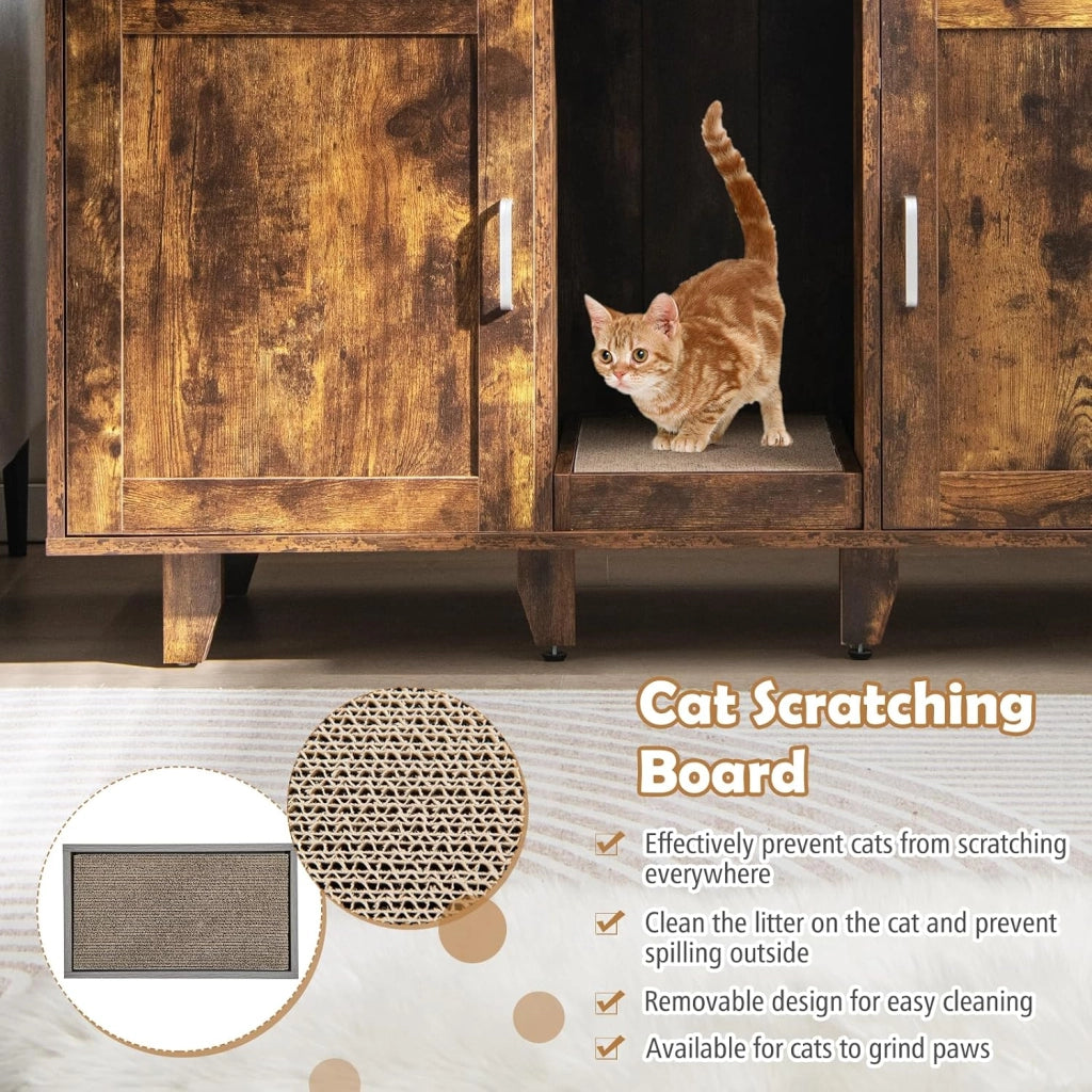 Mobile Lettiera per Gatti con 2 Ante, Armadio per Gatto in Legno con Ingresso Centrale e Tiragraffi, Grotta Rifugio Multiuso per Soggiorno e Camera da Letto, 120 x 52 x 65 cm (Marrone Rustico)