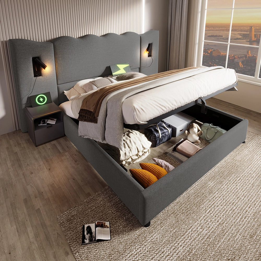 Letto matrimoniale imbottito - Xylo - 160x200 cm - Grigio - Con luce lettura e USB Type-C