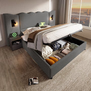 Letto matrimoniale imbottito - Xylo - 160x200 cm - Grigio - Con luce lettura e USB Type-C