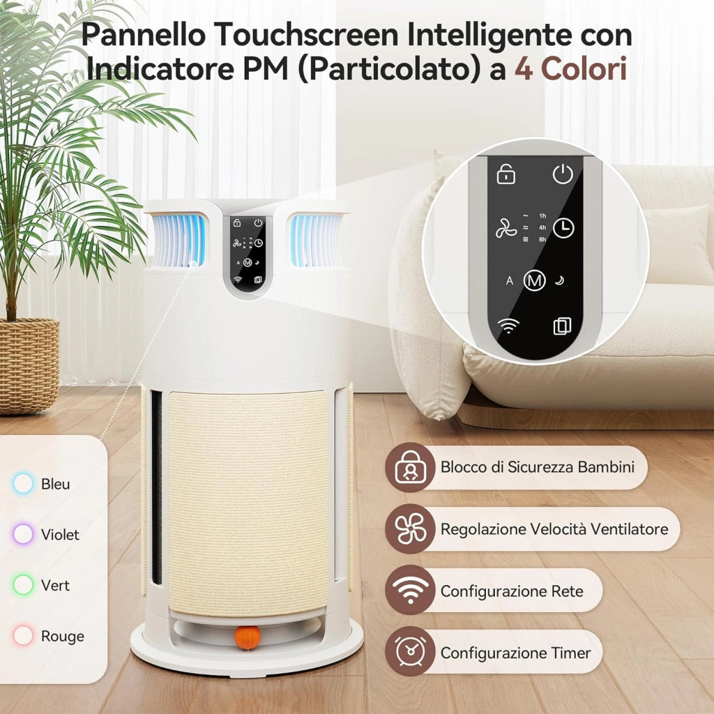 Purificatore d'Aria Intelligente per Pet, Depuratore Aria con Controllo APP Remoto, Trattiene il 99,98% di Muffe, Polvere, Polline e Peli. Completo di Tiragraffi e Giochi, Ideale per Chi Ha Animali