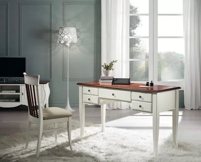 Scrivania shabby chic 5 cassetti legno bianco consumato 150x75x81 - Mobili 2G