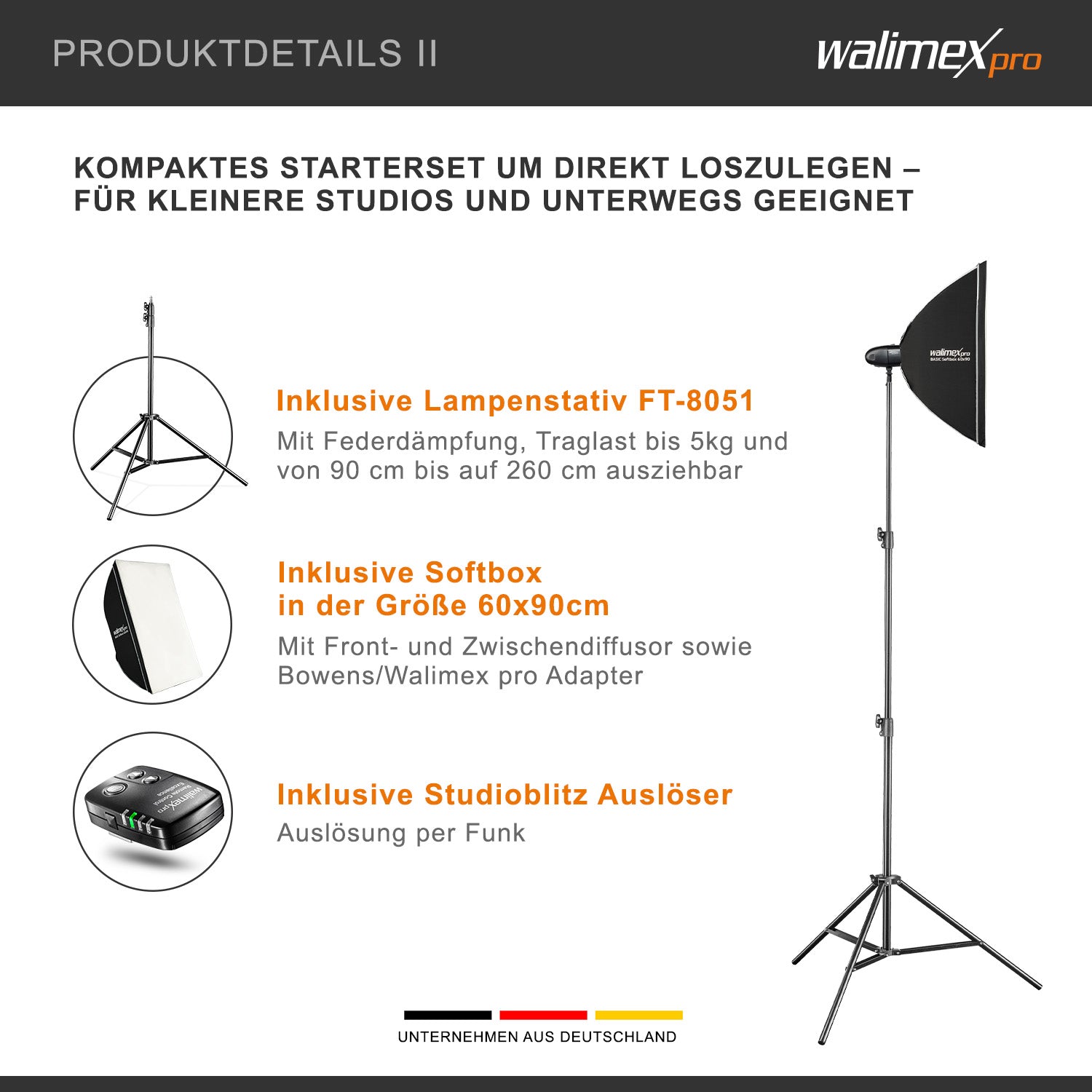 Newcomer 100 Set 2 flash fotografici con potenza di 100 Ws, con radio a 2,4 GHz, softbox 60 x 90 cm e treppiedi per luci, per studio fotografico