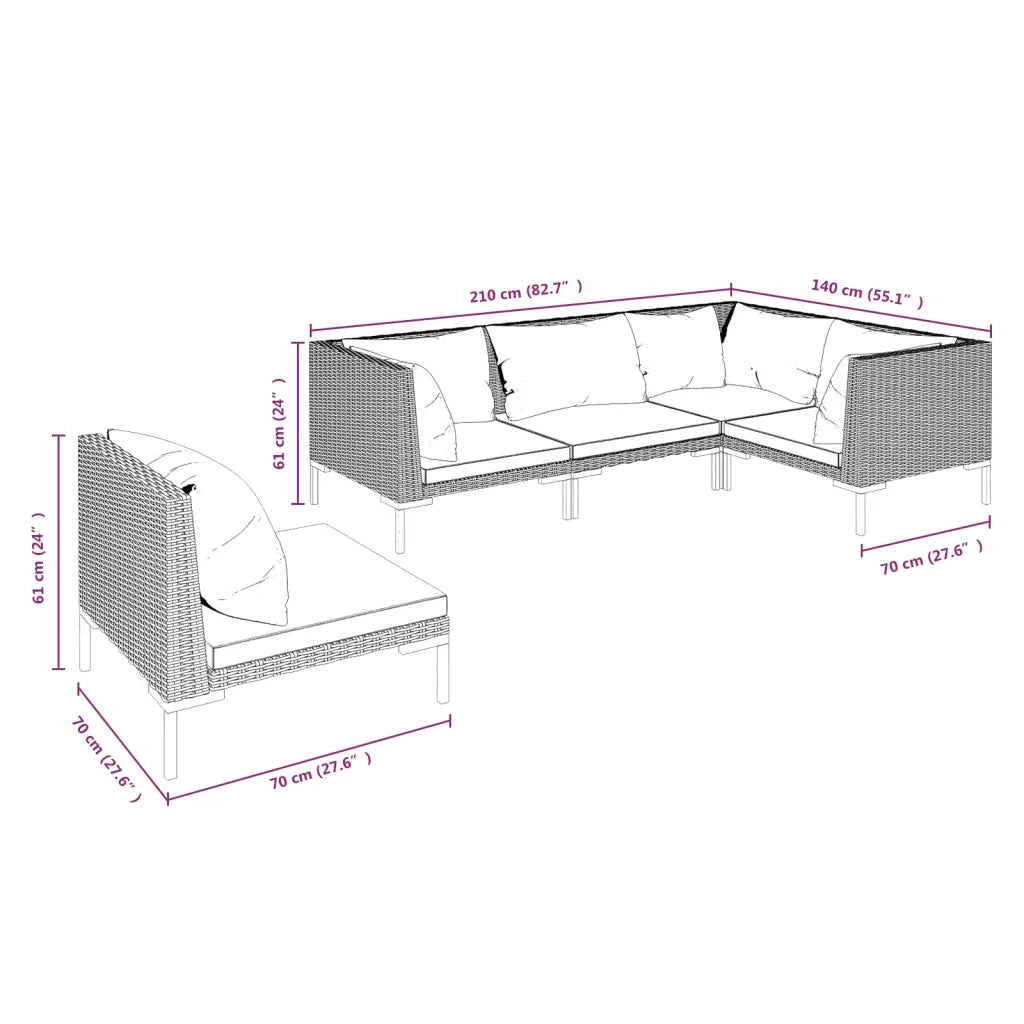 Divani da Giardino 5 pz con Cuscini in Polyrattan Grigio Scuro 3099852