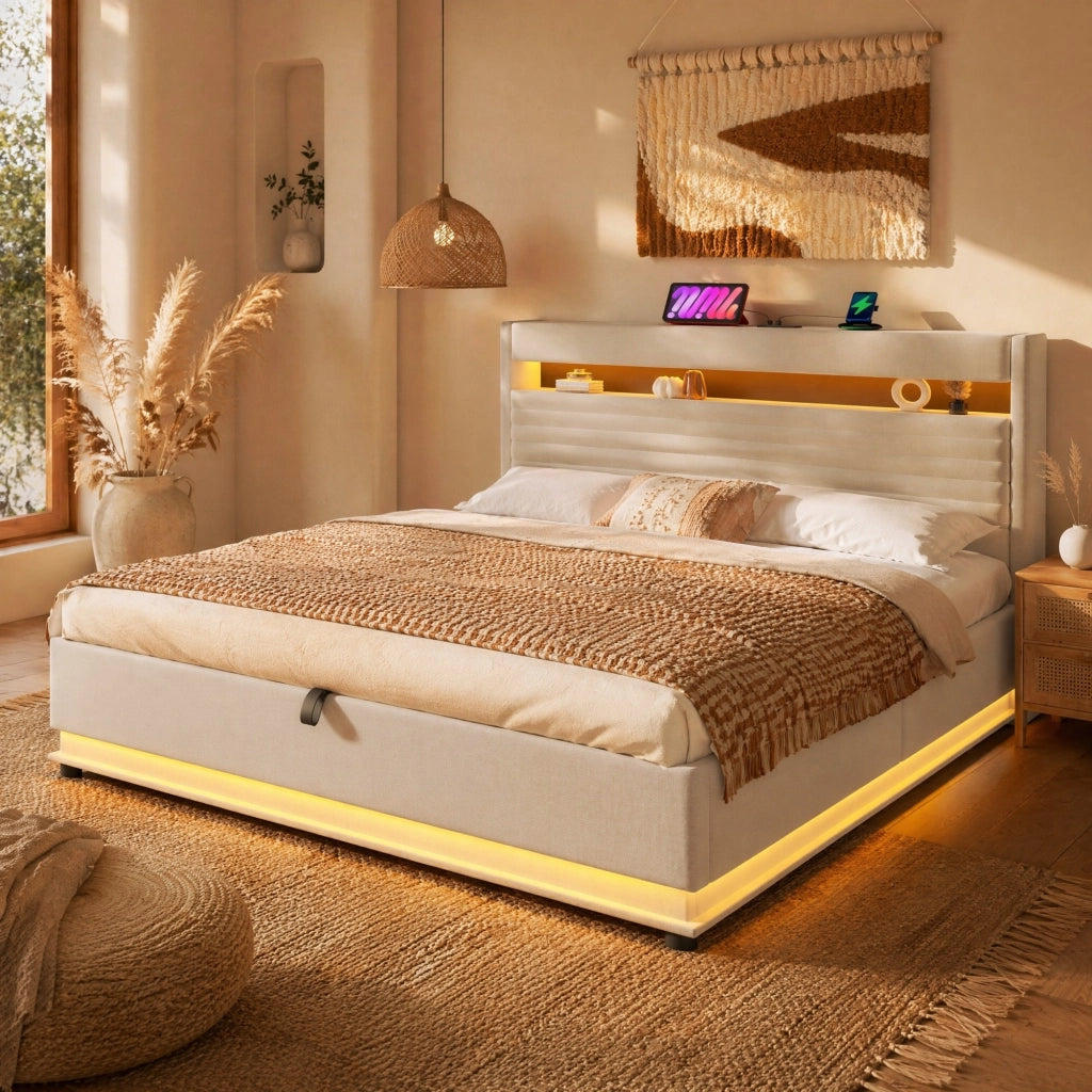 Letto matrimoniale imbottito 180x200 cm in lino beige con contenitore; LED e USB-C