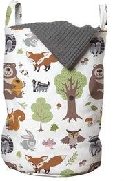Cestello Sostenibile - Cestello con Maniglie a Mano - Chiusura a Corda - 33 cm Largo - 49 cm Alto - Cestello Stampato con Animali della Foresta - Cestello di Raccordo
