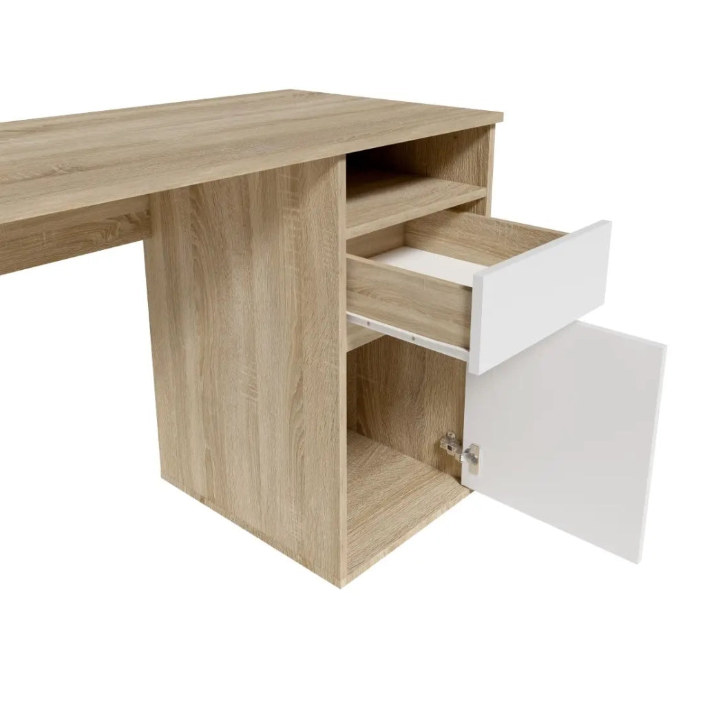 Scrivania BILOU in rovere e bianco - 1 cassetto, 1 porta e 2 nicchie - Design bicolore e spazi di stoccaggio pratici