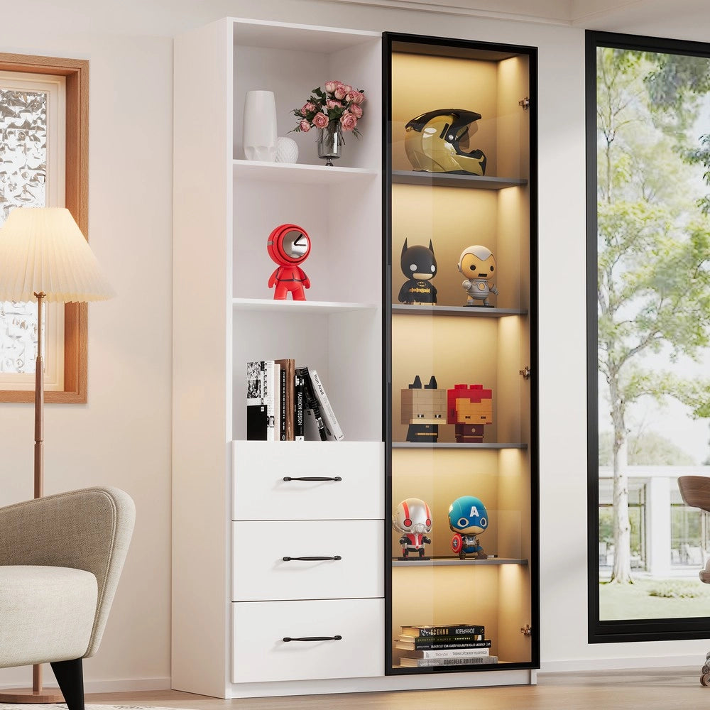Vetrina LED con Libreria ¨C Xylo ¨C Vetro Temperato, 3 Cassetti, 80x40x160 cm