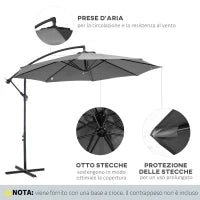 Ombrellone da Esterni 3x2.5 m Decentrato con Manovella, Struttura in Acciaio e Poliestere Anti-UV, Grigio