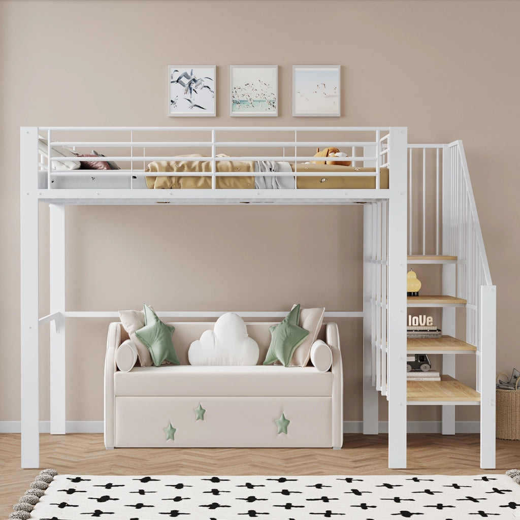 OKWISH Letto a Soppalco 140×200 cm, Letto Matrimoniale con Scala, Ampio Spazio Contenitore, senza Materasso, in Metallo e Legno, Bianco