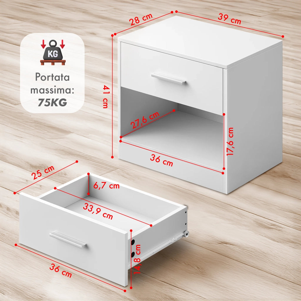 Comodino Moderno Cassetto Con Maniglia E Scomparto Aperto Camera Da Letto Portalibri Oggetti Mensola Libreria  - Bianco