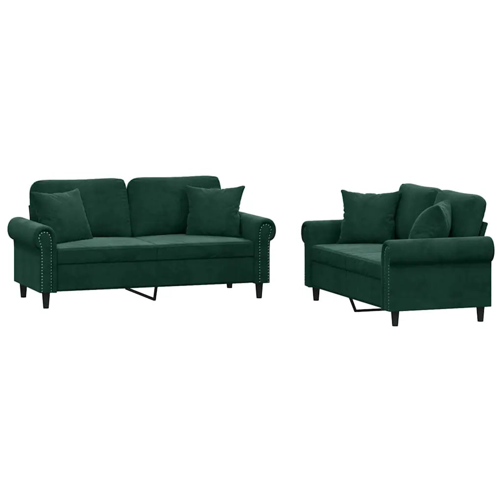 Set di Divani 2 pz con Cuscini Verde Scuro in Velluto