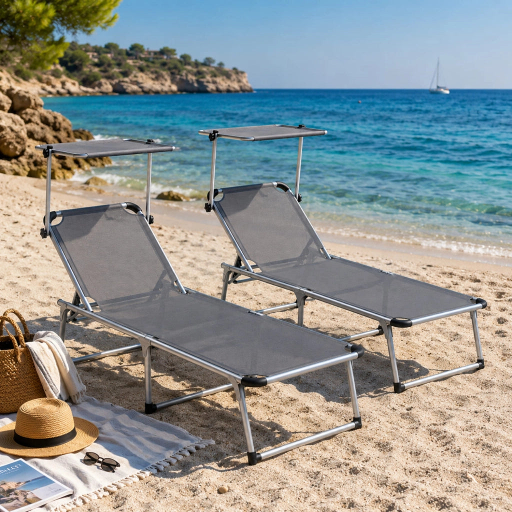 Set 2 Lettini Da Sole Richiudibili Con Tettuccio Ombreggiante Schienale Reclinabile A 6 Regolazioni Struttura Leggera Ideali Per Mare Spiaggia Giardino Piscina 187 x 59 x 29 Cm Grigio Scuro