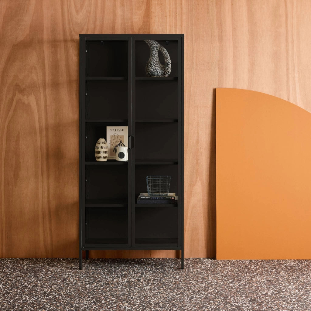 Credenza in acciaio e vetro temperato 2 porte, 180cm, nero