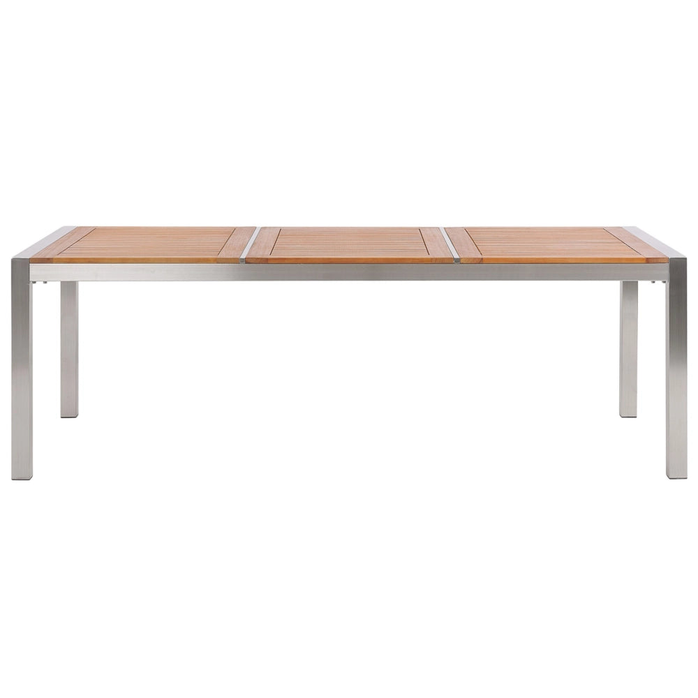 Set da pranzo da giardino con piano in legno di eucalipto chiaro e struttura in acciaio 220 x 100 cm con 8 sedie bianche