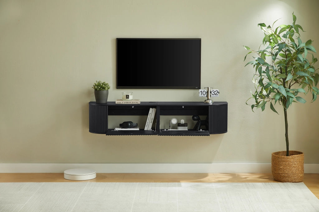 Mobile porta TV sospeso con passacavi e cerniere ammortizzate per soggiorno e camera da letto nero 140 × 32 × 30 cm