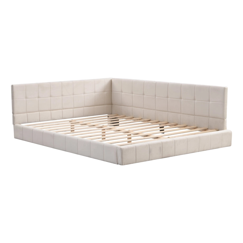 Divano letto imbottito con rete a doghe 140x200 cm; design Mid-Century Modern beige