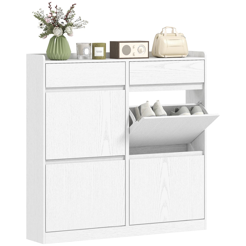 Scarpiera Slim 98x19,2x95,3 cm con 4 Ante a Ribalta e 2 Cassetti in Legno Bianco