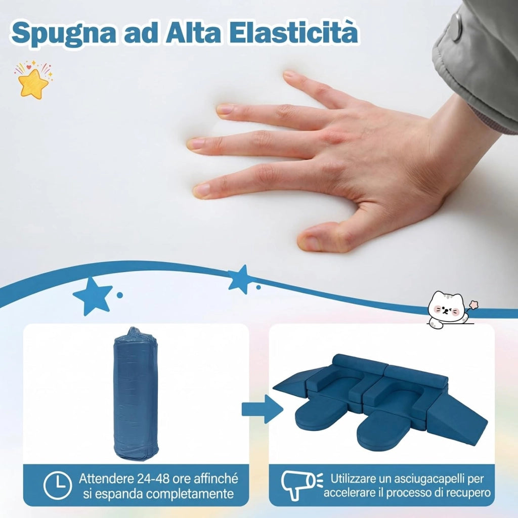 Divano da Gioco per Bambini Trasformabile, Poltrona Modulare a 10 Pezzi, Tessuto Suede e Schiuma ad Alta Elasticità, Divanetto per Bambini 3+ Anni, per Camerette, Soggiorno e Studio (Blu)