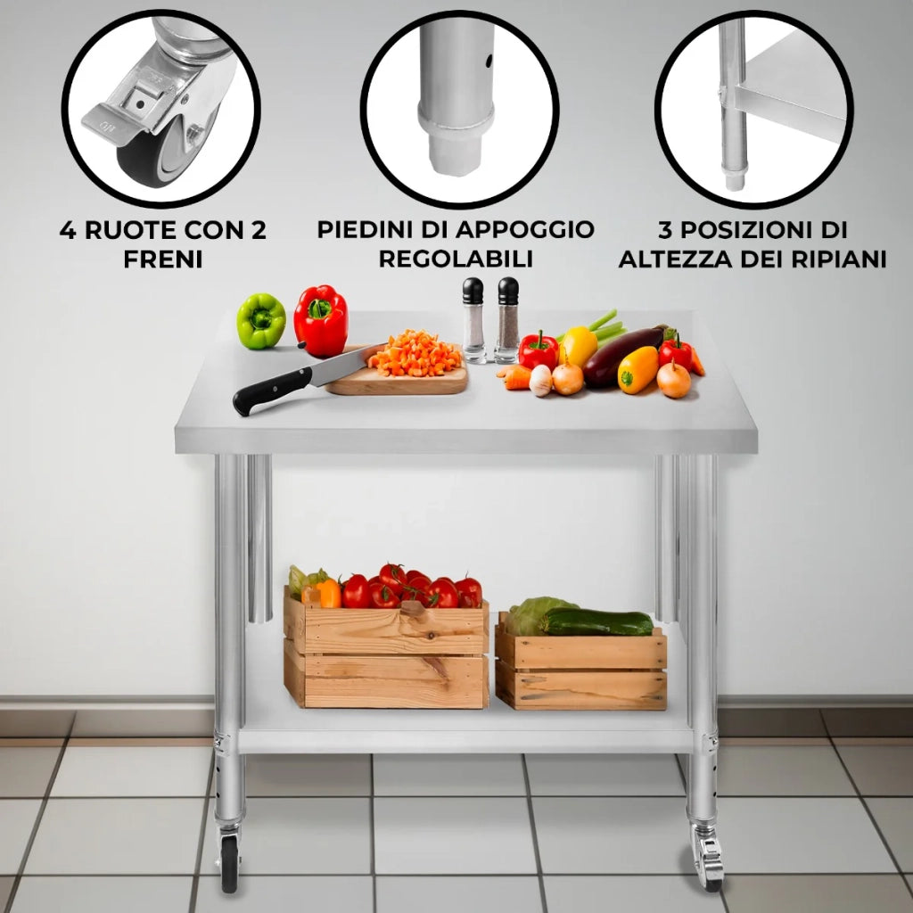 Banco di lavoro per ristorazione Tavolo in acciaio inox per la preparazione degli alimenti Cucina mobile 60cm x 90cm x 86cm