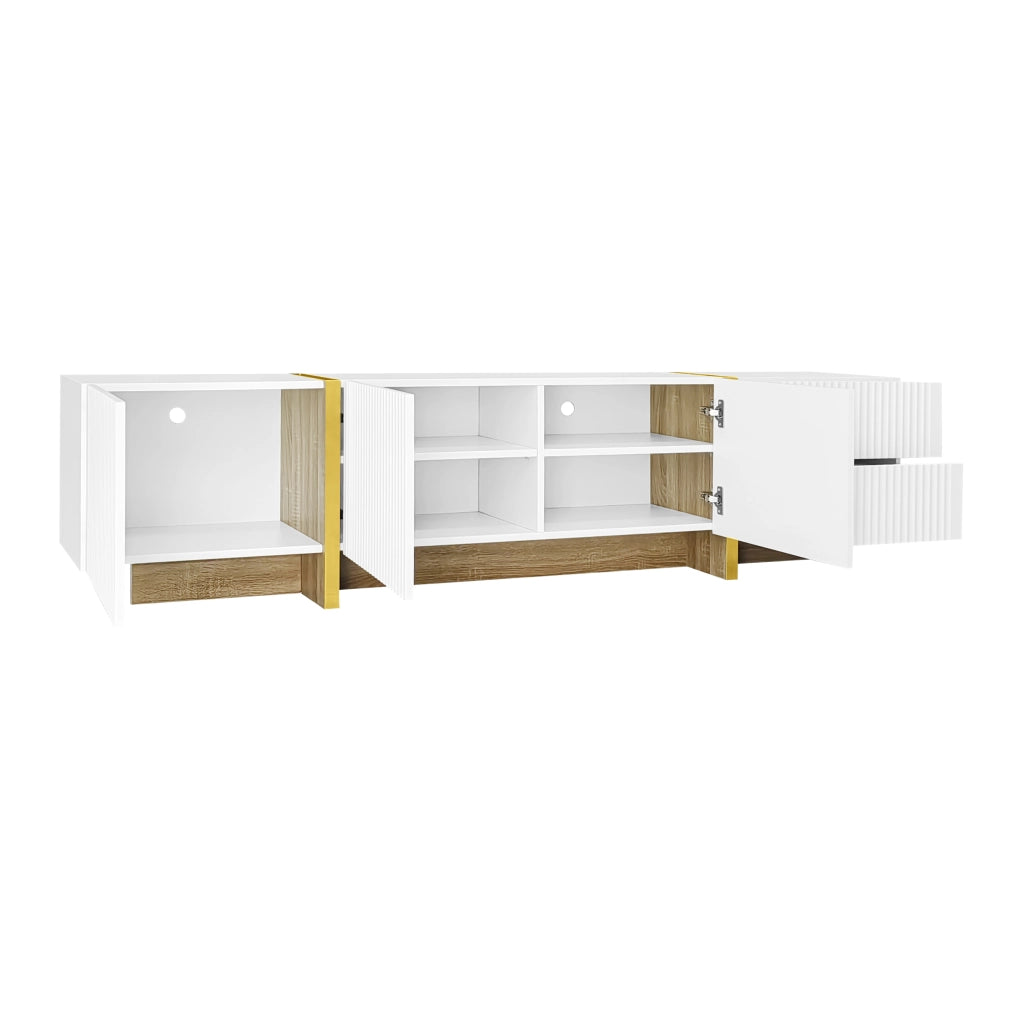 Combinazione mobile TV e sideboard bianca con frontali scanalati in MDF e pannello truciolare