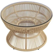 Tavolino da Giardino Rotondo, Tavolino d'Appoggio in Resina Effetto Rattan e Piano in Vetro Temperato, Ø60 x 37H cm, Legno naturale