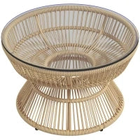 Tavolino da Giardino Rotondo, Tavolino d'Appoggio in Resina Effetto Rattan e Piano in Vetro Temperato, Ø60 x 37H cm, Legno naturale