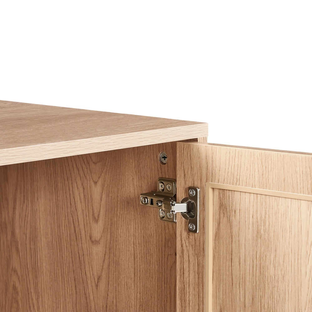 Credenza a 3 ante Marrone chiaro Pannello truciolare Frontale in rattan Gambe in legno Stile boho Mobile contenitore per soggiorno
