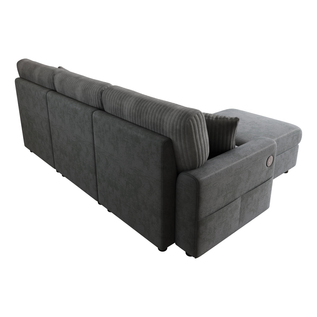Divano Convertibile con 1 Porta USB, 1 Porta Type-C, Pouf, 2 Cuscini, in Chenille e Velluto a Coste, Grigio