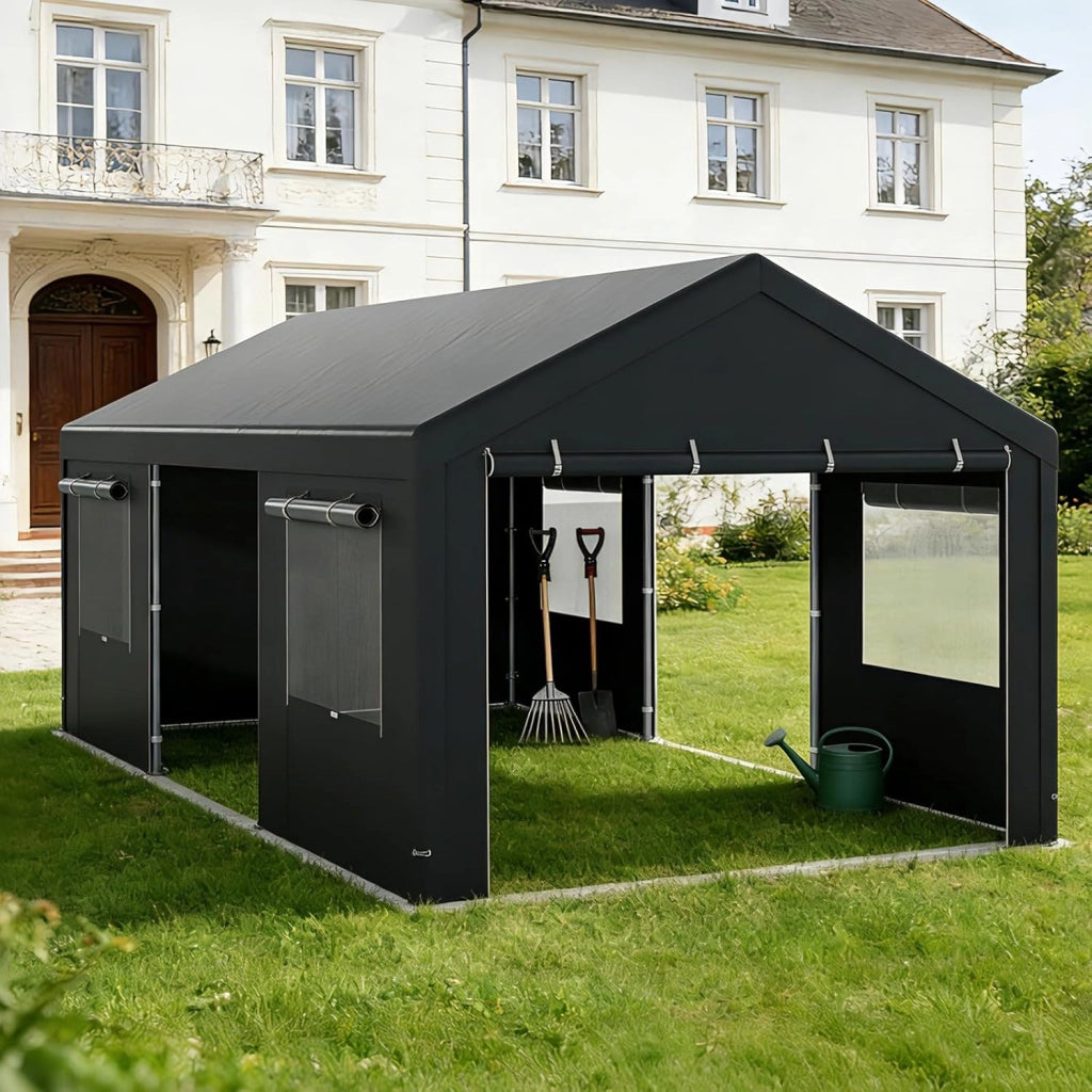 Tenda Garage Auto Esterno, Tettoia per Auto con Telaio in Metallo, Copertura in PE Resistente alle Intemperie, Capanno Giardino per Vehicolo, Bici, Moto, Attrezzi (Grigio, 363 x 600 x 295 cm)