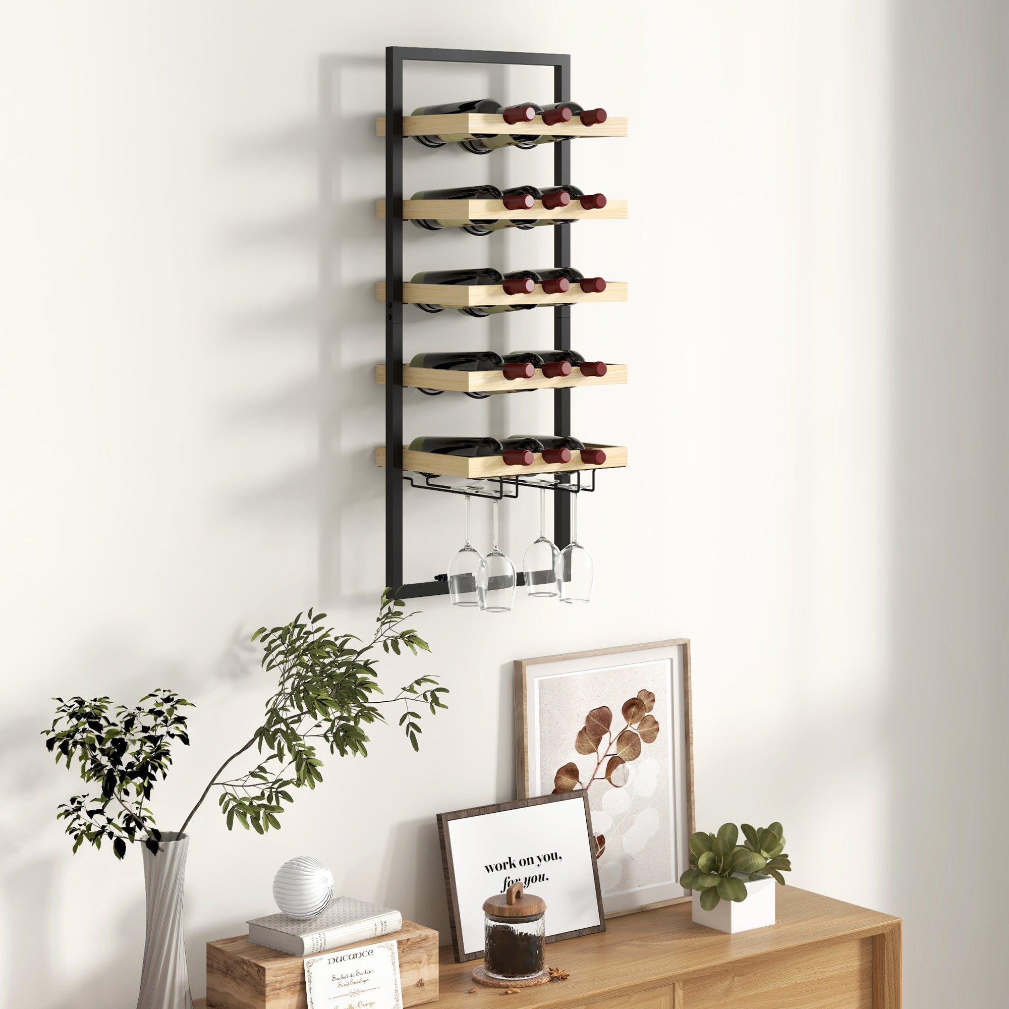 Portabottiglie da Parete per 15 Bottiglie e 4 Calici 35x25x86cm in Legno e Acciaio