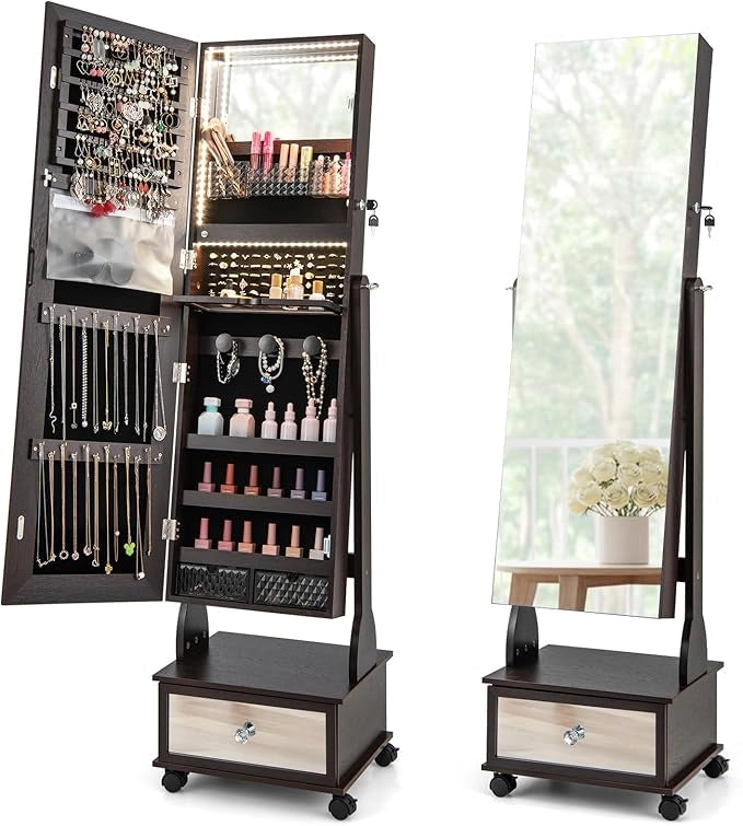 Armadio Portagioie da Terra con Ruote, Specchio Portagioie con Luci LED, Specchio Portagioie con Cassetto, Organizer per Gioielli e Accessori (Marrone, 42 x 35 x 159 cm, Con Cassetto)